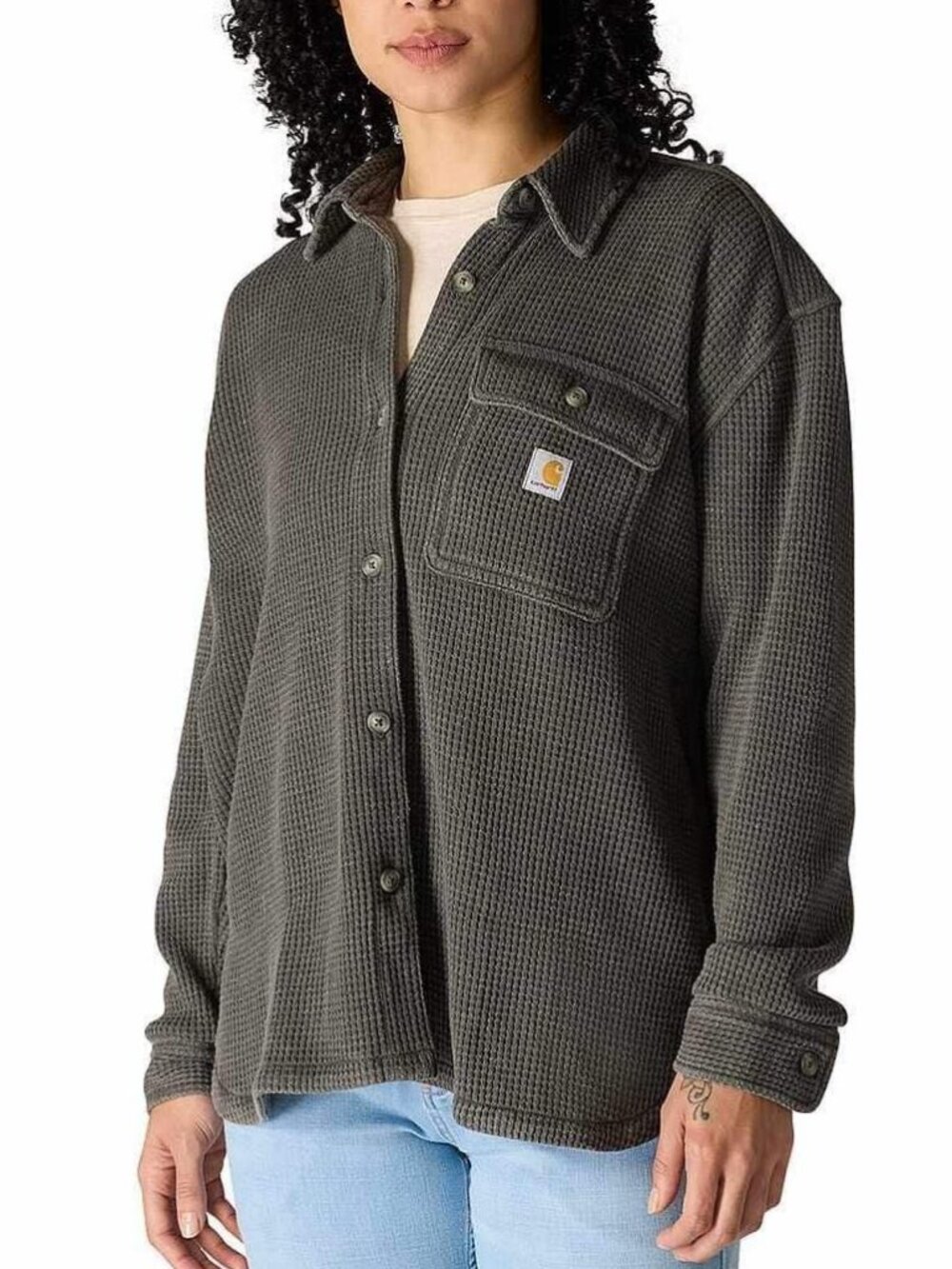 Carhartt Women's 3X Oversized Fit Heavyweight Waffle Knit Button Shirt Carbon TK